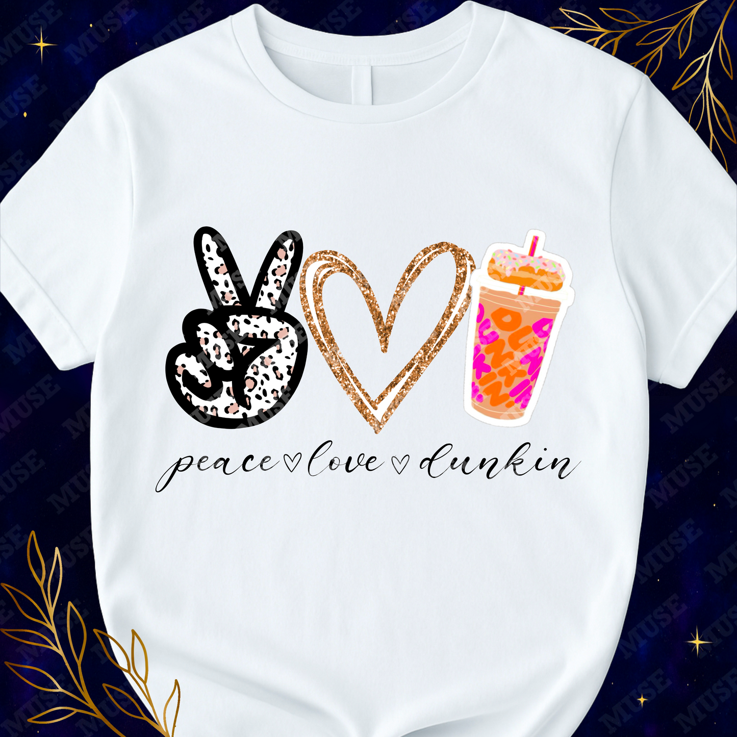 Peace Love Dunkin PNG – Glitter Heart Leopard Print Coffee Cup Sublimation Design | Digital Download