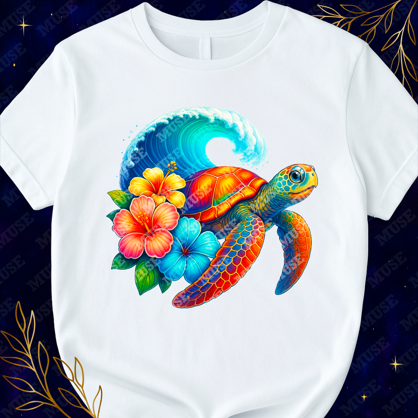 Tropical Sea Turtle PNG – Vibrant Hibiscus Floral Ocean Wave Sublimation Design | Digital Download