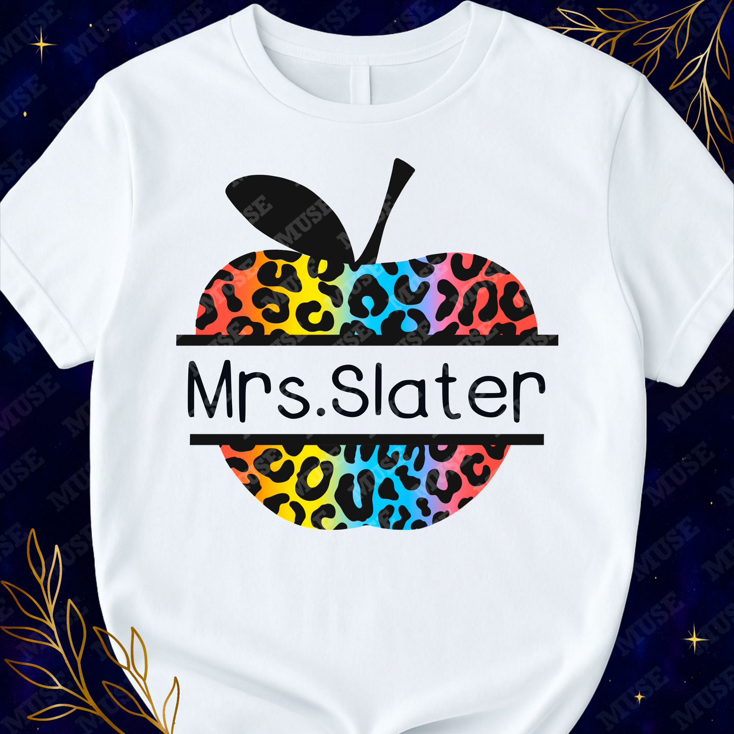 π Rainbow Leopard Apple PNG β Teacher Name Frame Editable Design