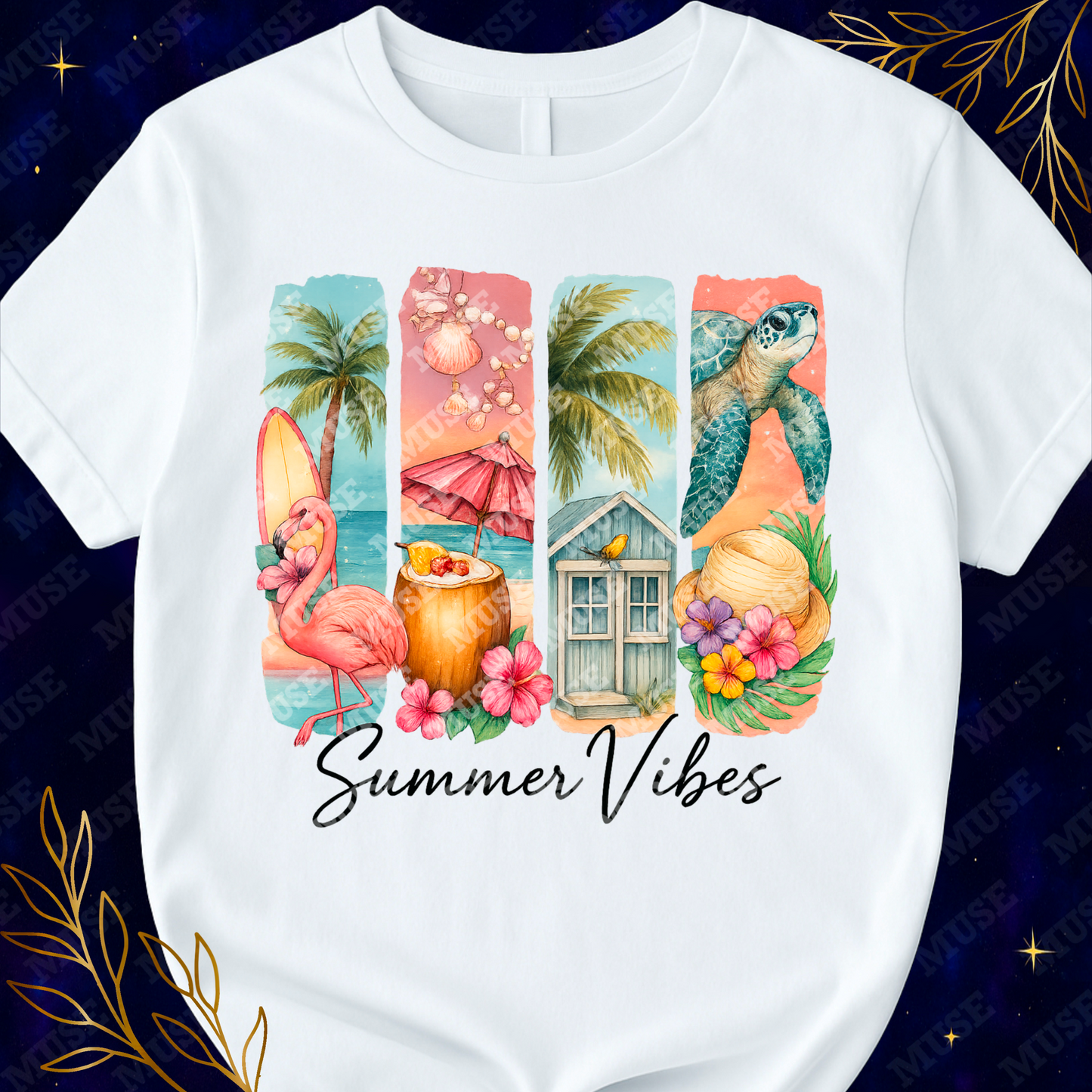 🏖️ Summer Vibes Beach Scene – Tropical Retro Watercolor Graphic