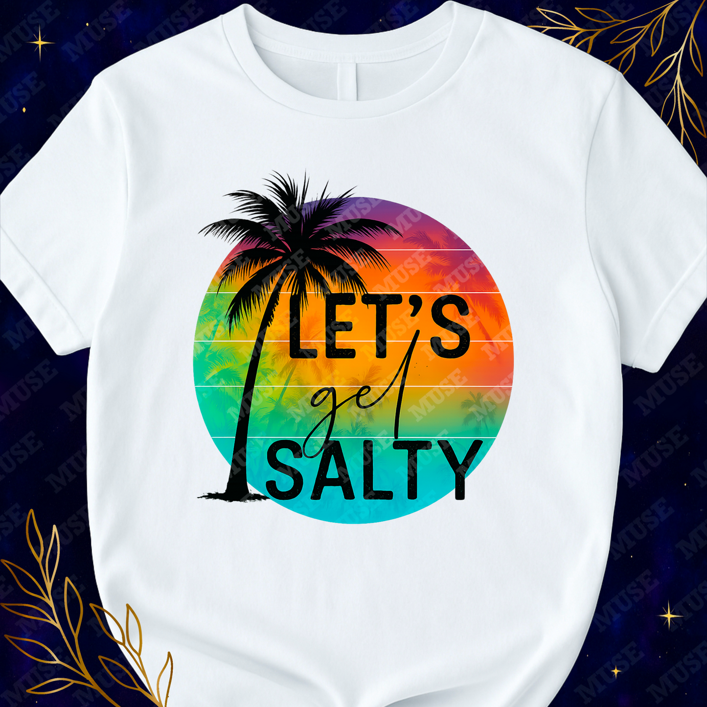🌅 Let’s Get Salty Sunset Circle – Retro Palm Tree Graphic