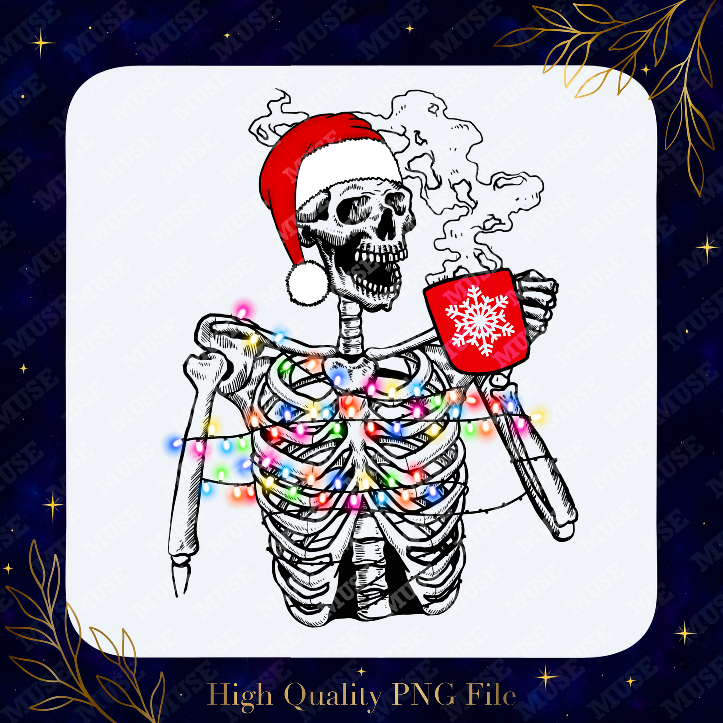 💀 Coffee Skeleton Christmas PNG – Santa Hat Holiday Skeleton