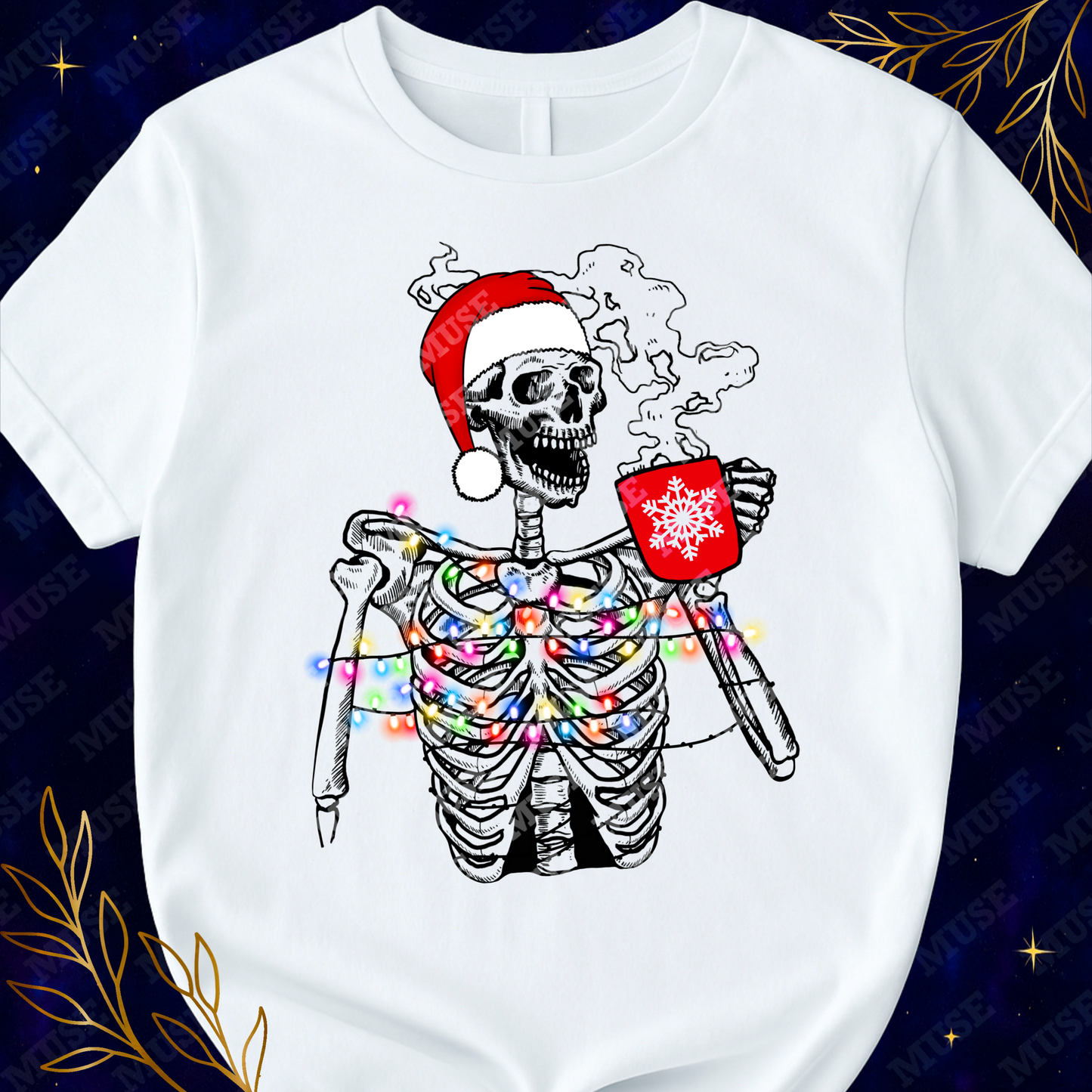 💀 Coffee Skeleton Christmas PNG – Santa Hat Holiday Skeleton
