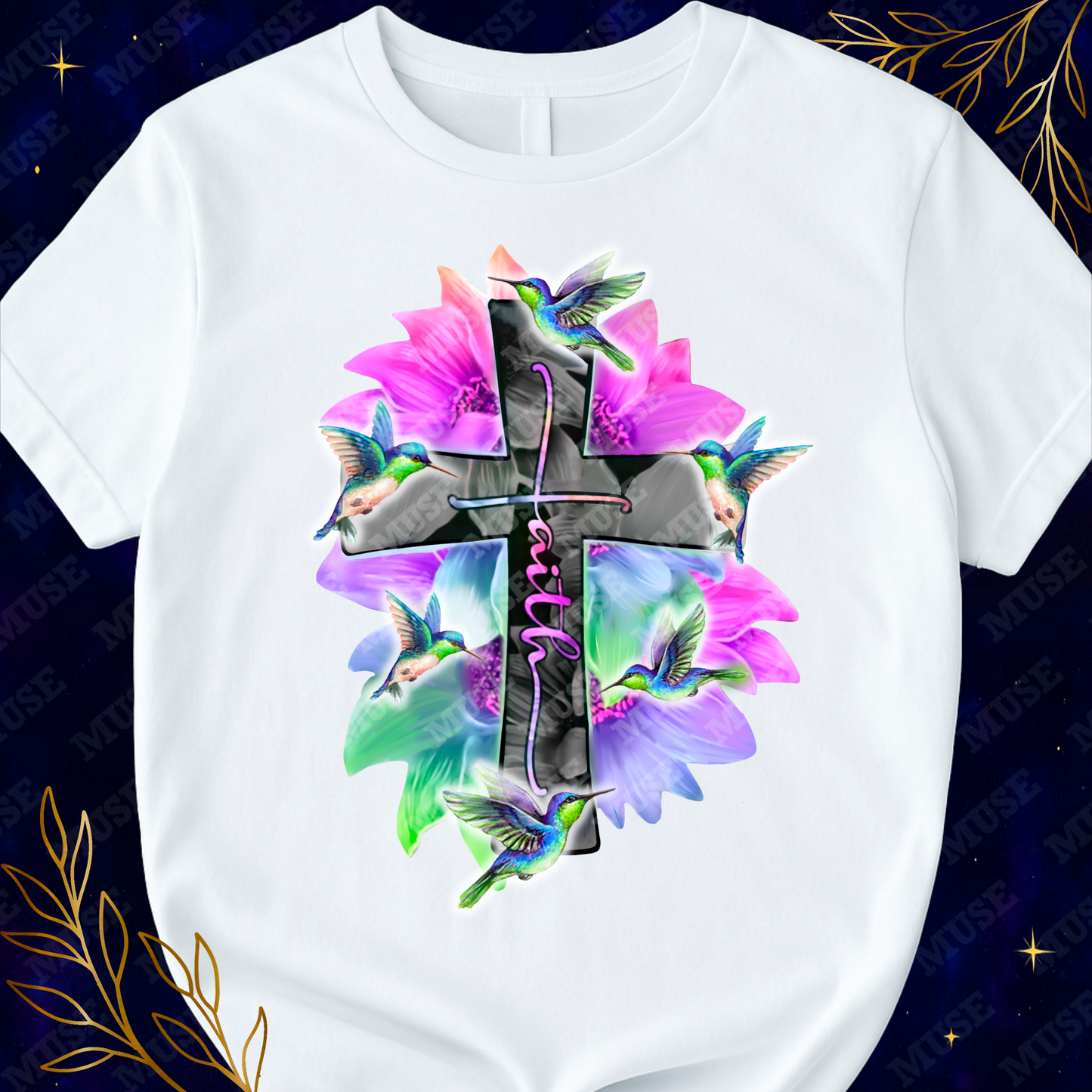 π Faith Cross With Hummingbirds Digital Design