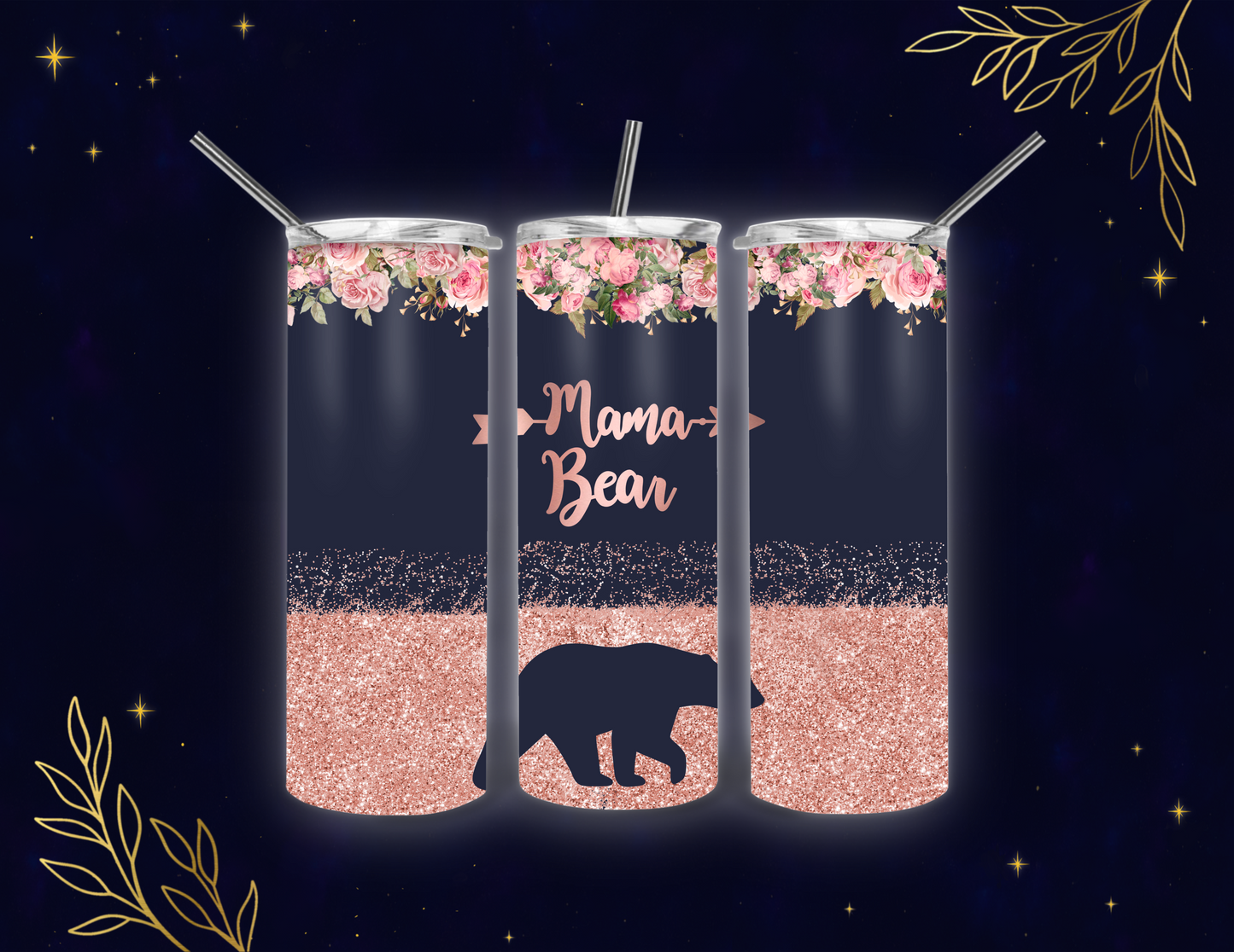 🐻 Mama Bear Glitter Floral Tumbler PNG Wrap