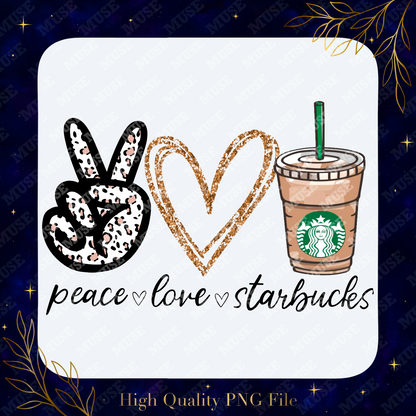Peace Love Coffee PNG – Glitter Heart Leopard Print Coffee Cup Sublimation Design | Digital Download