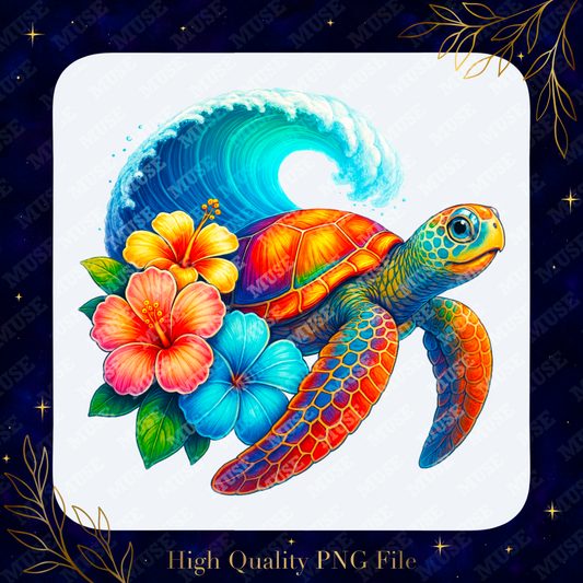 Tropical Sea Turtle PNG – Vibrant Hibiscus Floral Ocean Wave Sublimation Design | Digital Download