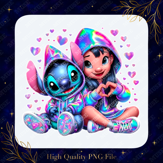 🌈 Cute Stitch & Lilo PNG – Colorful Hoodie Friends Heart Design