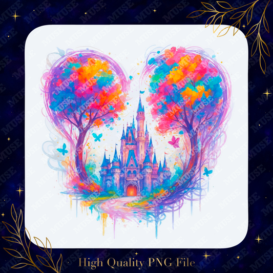 Fantasy Castle PNG – Vibrant Heart Trees & Dreamy Fairytale Design