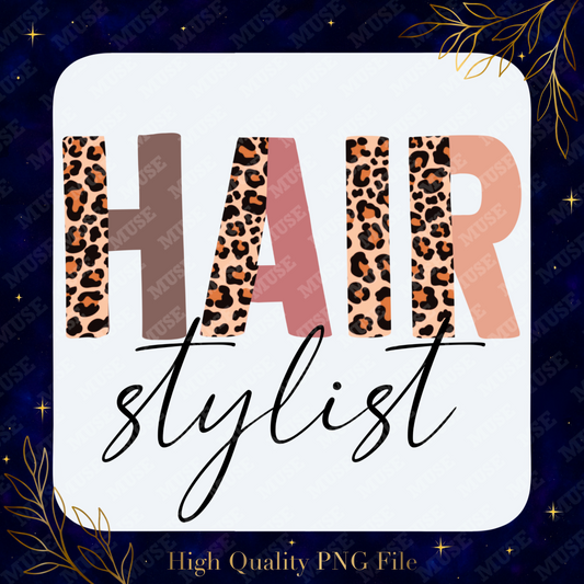 ✂️ Hair Stylist PNG – Leopard Print Letters with Script Design