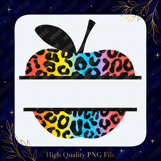 🍎 Rainbow Leopard Apple PNG – Teacher Name Frame Editable Design