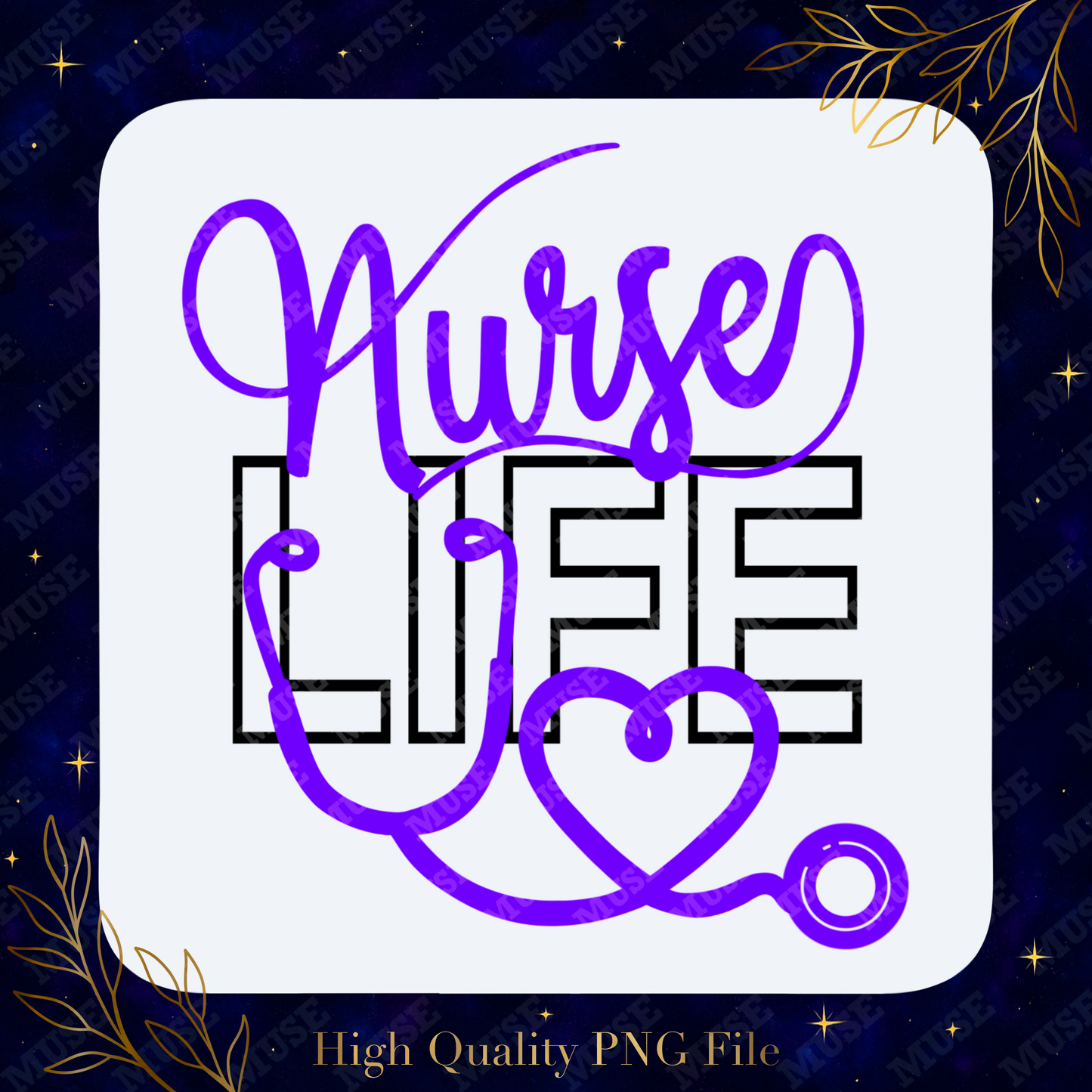 💜 Nurse Life PNG – Stethoscope Heart Medical Design (Copy)