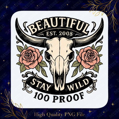 🐂 Beautiful Stay Wild PNG – Western Cow Skull and Roses Design