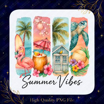🏖️ Summer Vibes Beach Scene – Tropical Retro Watercolor Graphic