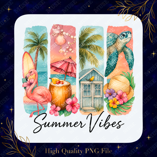 🏖️ Summer Vibes Beach Scene – Tropical Retro Watercolor Graphic