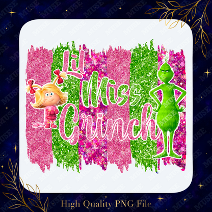 🎀 Lil Miss Grinch PNG – Cute Christmas Glitter Design
