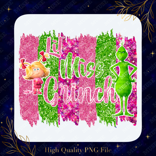 🎀 Lil Miss Grinch PNG – Cute Christmas Glitter Design