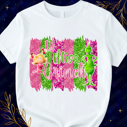 🎀 Lil Miss Grinch PNG – Cute Christmas Glitter Design