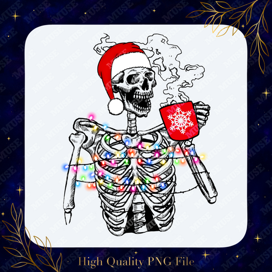 💀 Coffee Skeleton Christmas PNG – Santa Hat Holiday Skeleton
