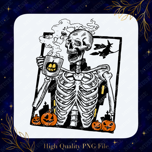 🎃 Halloween Coffee Skeleton PNG – Spooky Fall Skeleton Design