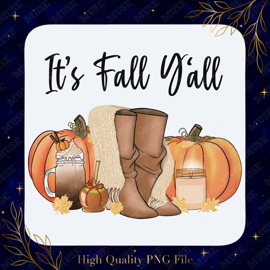 🎃 It’s Fall Y’all PNG – Rustic Autumn Boots Pumpkin Mug Design