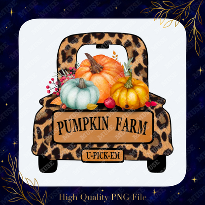🍂 Pumpkin Farm Leopard Truck PNG – Rustic Fall Harvest Design
