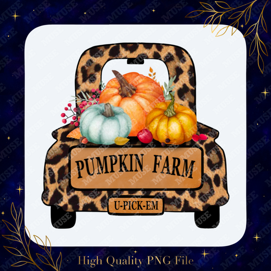 🍂 Pumpkin Farm Leopard Truck PNG – Rustic Fall Harvest Design