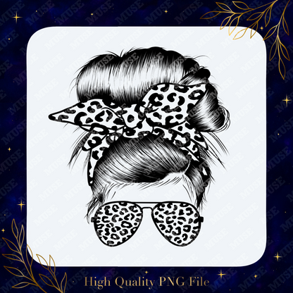 🐆 Leopard Bandana Glasses Mama PNG – Wild Messy Bun Mom Design