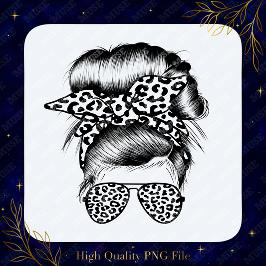 🐆 Leopard Bandana Glasses Mama PNG – Wild Messy Bun Mom Design