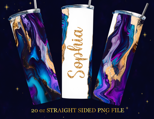 ♥️ Blue Purple Marble with Gold Glitter Tumbler PNG Wrap